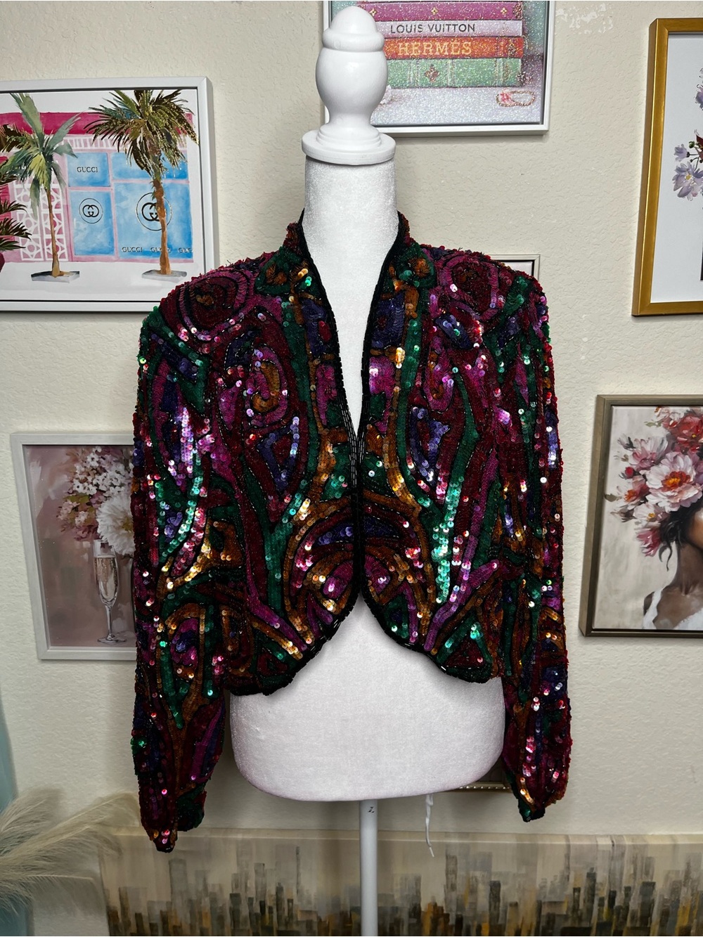 Vintage Sequined Multicolor Cropped Jacket - Women's Statement Coat